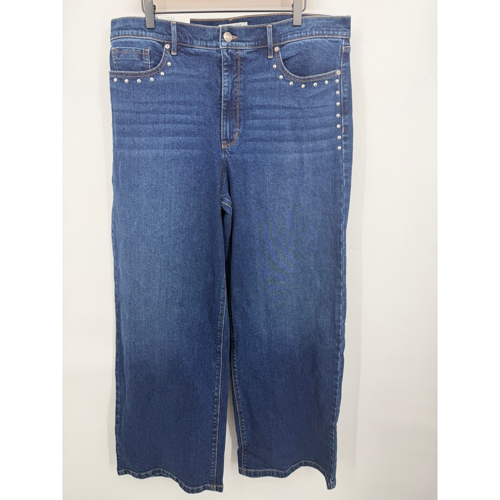 Nine West Wide Leg Jeans Women Size 16 Blue New Studded High Rise Dark Wash